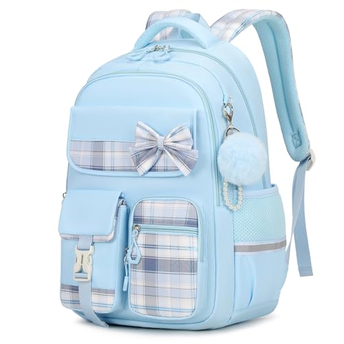 Tanou Girls' Primary School Backpack | Waterproof Daypack for Teens, Kawaii Checked School Bag for Girls 9-16 Years Old for Travel, Blue