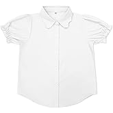 LIONJIE Girls Button Down Shirt Puff Sleeves Blouse Summer Cute Top Doll Collar School Uniform, 4-13Y