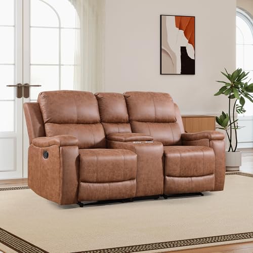 CANMOV Leather Recliner Loveseat, Manual Reclining Sofa with Hidden Cup Holders & Storage Console, Padded Headrest & Lumbar Support Recliner Couch for Living Room, Home Theater, Brown (Loveseat)