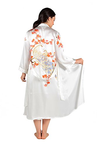 Women's Silk Nightgown Robe Set - Lux Sleep Set by TexereSilk (Royal Peacocks, Natural White, Large) Best Valentines Gift for Wife Girlfriend WS0601-NWH-L