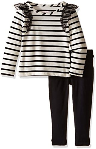Kidtopia Little Girls 2 Piece Set-Long Sleeve Mesh Shoulder Stripe With Black Knit Denim Jegging, Ivory, 6