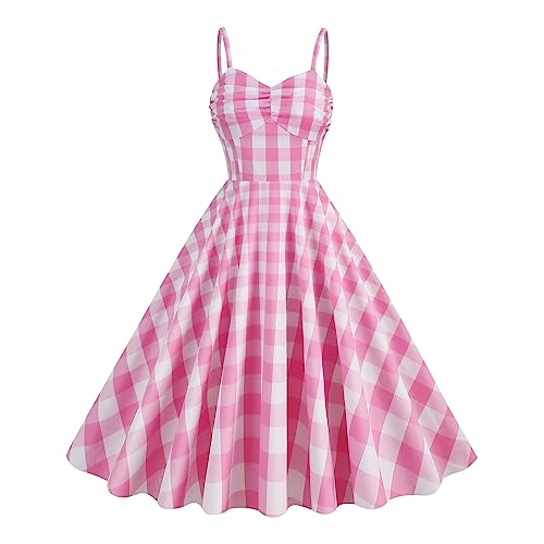 1950s Dresses for Women Vintage: Plaid Pink Gingham Dress Pin Up Dresses Halloween Costumes 50s Rockabilly Dress Prom Spaghetti Strap Swing Party Gown Evening 50?s Outfit Cosplay Pink + White Small