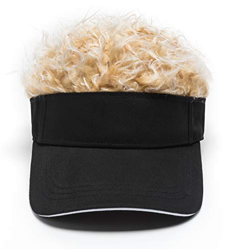 Men\'s Novelty Flair Hair Visors Spiked Funny Golf Hats Fake Wig Peaked Adjustable Baseball Caps Black Golden