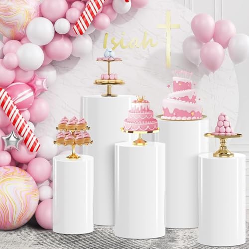 gresonic Set of 5 Hexagonal Wedding Pedestal Decoration Bases, Cake Round Flower Pedestal Stand Plinth Pillars for Wedding Bridal Shower Birthday Decoration (White) (Pack of 5)