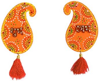 Oussum Orange Paisley Wooden Decorative Handcrafted Shubh Labh Door Wall Hanging for Festive Decorations