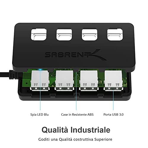 SABRENT USB 3.2 Gen 1 Hub [4 Ports] USB Power Strip Power Strip USB Splitter, Single ON/OFF Switches and LED Lights with Power Supply for PS4/PS5, PC, Laptop, USB Flash Drive (HB-UMP3)