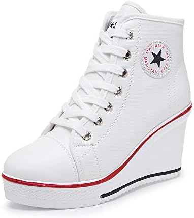 Sokaly Women's Sneaker High-Heeled Canvas Shoes High-Top Wedge Sneakers Platform Lace up Side Zipper Pump Fashion Sneakers