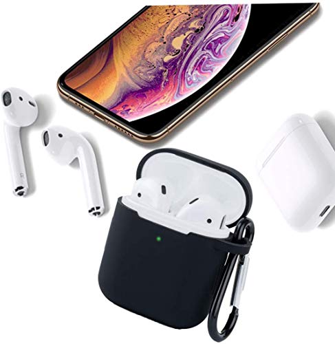 AirPods Case Silicon with Earbuds Strap and Keychain Upgraded Ultra-Thin Soft Skin Cover Compatible with Apple AirPods 2 & 1 -(AirPods Case-Black)