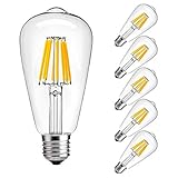 Led Edison Bulb 8W Dimmable Vintage Edison Style Light Bulb- Incandescent LED Bulb- E26 Base,ST21(ST64) Warm White (2700K-3200K)- Equivalent to 80w,CRI 80+, 680 Lumens Clear Glass Cover, 6 Pack