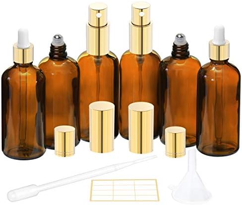 6 Amber Glass Essential Oil Bottles Pack - 2 Amber Glass Eye Dropper Bottles (4 oz) - 2 Amber Glass Sprayer Bottles (4 oz) - 2 Amber Glass Stainless Roller Bottles for Essential Oil (4 oz)