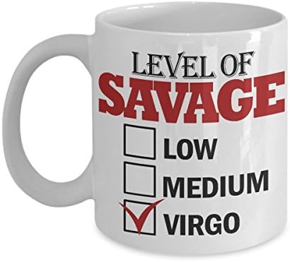 Level Of Savage Virgo Mug, 11 oz Ceramic White Coffee Mugs, Best Novelty Gifts For Virgo, Unique Horoscope Tea Cups, Awesome Astrology Zodiac Presents For Men, Women, Nice Virgin Drinkware