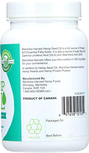 MANITOBA HARVEST HEMP SEED OIL SOFTGELS, 2,475MG OF PLANT BASED OMEGAS 3,6 & 9 PER SERVING INCLUDING GLA, FISH OIL ALTERNATIVE, 60 COUNT (PACK OF 1) PACKAGING MAY VARY