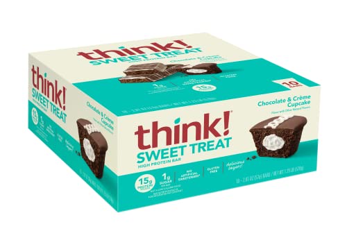 THINK! PROTEIN BARS, HIGH PROTEIN SNACKS, GLUTEN FREE, KOSHER FRIENDLY, SWEET TREAT, CHOCOLATE & CREME CUPCAKE, 10 COUNT