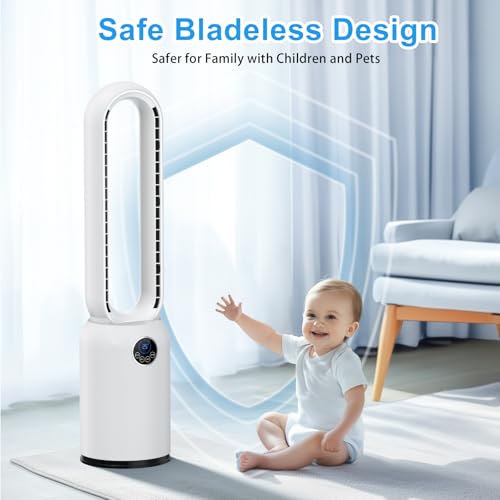 Bladeless Tower Fan, 90CM Tower Fan with Remote & LED Display, 24 Speeds & 12H Timer 90° Oscillating Pedestal Fan Cooling Bladeless Fan, Low Noise Standing Fan for Indoor, Bedroom, Home, Office