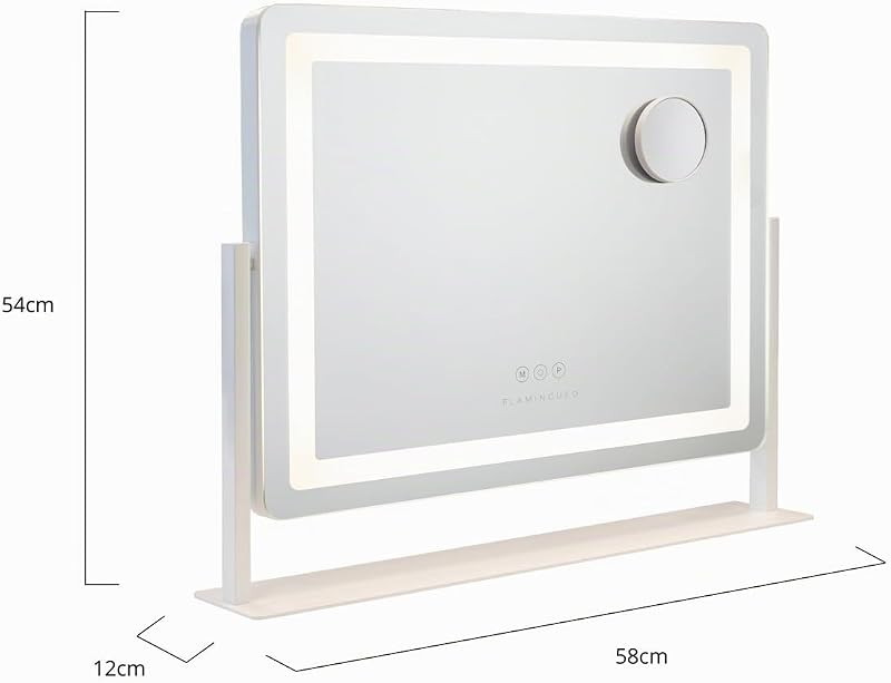 - Espelho de Maquilhagem com Luz - Banda LED - 3 Modos de Luz - Intensidade Ajustável - Controlo Tátil - Porta USB - Espelho de Lupa - Posição Regulável - Branco - 64x12x54,5cm