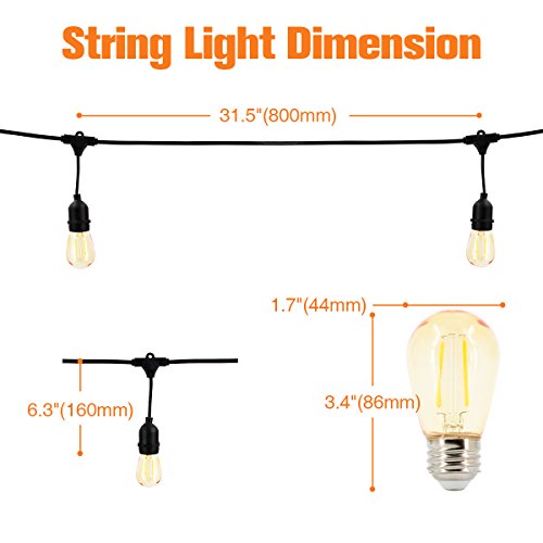 OOOLED 48-Foot Outdoor Weatherproof Commercial Grade String Lights with 16 Hanging Sockets- 18 LED Bulbs 1W S14 Incandescent Bulbs Included-Perfect Patio Lights & Party Lights-Black LED String Light