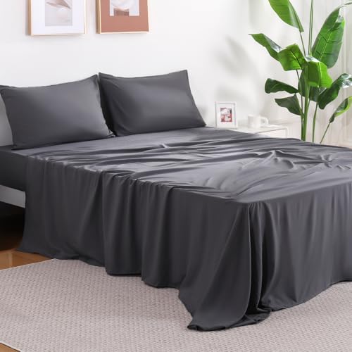 Elegear 80g Dark Grey US Size Microfiber Full Sheet Set 4 Piece,Deep Pocket Sheets,Easy Care Full Size,Deep Pocket Cooling Bed Sheet Set, with1 Fitted Sheet, 1 Flat Sheet and 2 Pillowcases,King