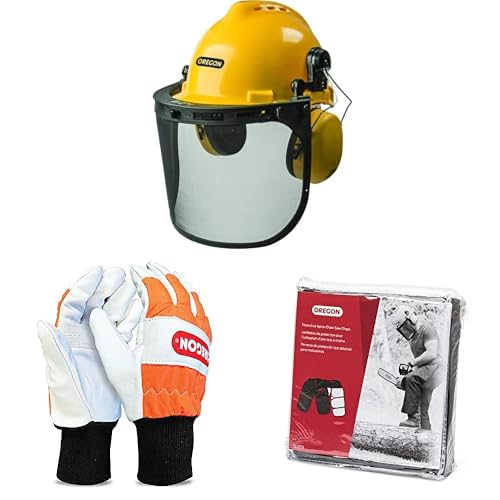 Oregon Chainsaw Safety Bundle - Yellow Protective Helmet with Visor, Left-Hand Protection Leather Gloves (Size 10), and 8-Layer Protective Chaps Image