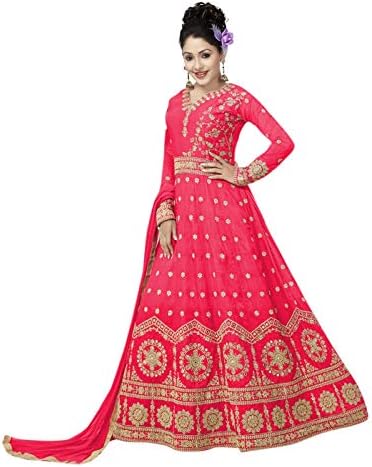 Monika Silk Mill Women's Taffeta Silk Ceremony Wear Embroidered Semi-Stitched Gown_Pink FreeSize