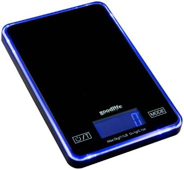 GoodLifeProducts Digital Kitchen Food Weighing Scale, 0.1oz - 11lb, Oz/lb/gm/kg, High Precision, Big Neon Blue Display with 3 Minute Auto Shut Off, Battery Included, Black w/Neon Blue Edge Lighting