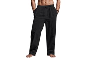 Men's Linen Pants Lightweight Drawstring Elastic Waist Pockets Loose Fit Straight Legs Summer Beach Yoga Black