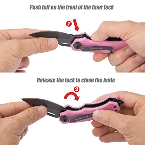 Flissa Mini Folding Pocket Knife, 2.5-Inch Stainless Steel Drop Point Blade, EDC Pocket Knives for Women with Bottle Opener and Glass Breaker (Pink)