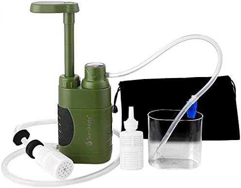 SurviMate Portable Water Filter Pump for Hiking Camping Travel Emergency use with Activated Carbon & 3 Stages,2 Replaceable Re-Filter(Green)