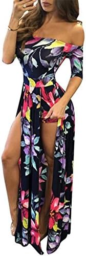 VIEWIM Women's Plus Size Floral Off The Shoulder Split Beach Party Romper Maxi Dress