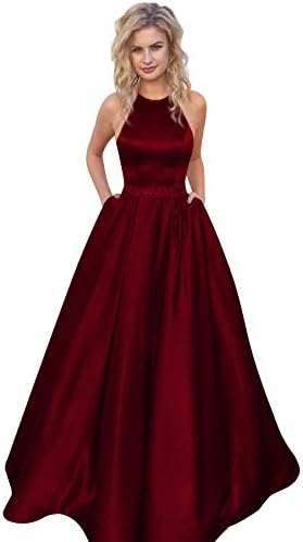 Harsuccting Halter Sleeveless Bead Belt Long Satin Evening Dress Prom Gown