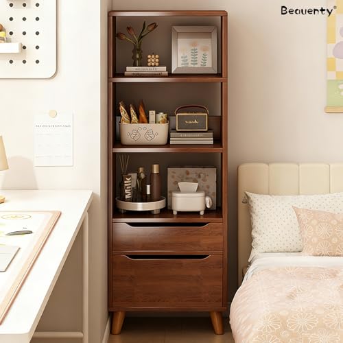 Beauenty Display Book Shelf, Floor Standing Bookcase Storage Unit, 3-Tier Open Shelf with 1 Drawer and 1 Door Cabinet, Wooden Storage Rack for Living Room, Home Office (Walnut)