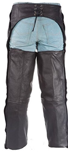 MEN'S MOTORCYCLE BLK LEATHER CHAP WTIH 4 POCKETS REMOVABLE LINER FULL ZIPPER (L Regular)
