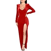 ZileZile Women's Sexy Bodycon Long Sleeve Deep V Neck High Slit Cocktail Party Maxi Dresses