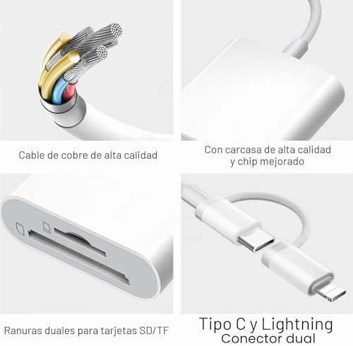 [Certificado Apple MFi] Lector Tarjetas SD para Phone Pad, Lightning USB C Adaptador de Tarjeta de Memoria para MicroSD/SD, SD Card Reader para iPhone16 15/iPad/Macbook/Teléfonos Android/Cámara — foto 7 de 7