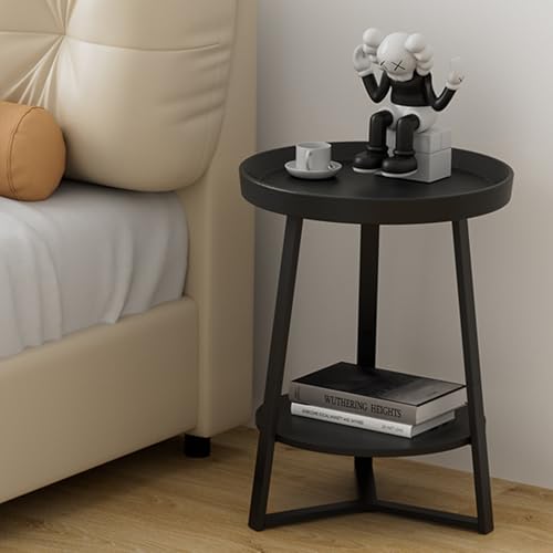 Gadroad Round End Table with Storage Shelf, 2 Tier Farmhouse Circle Side Table Nightstand Sofa Table for Living Room, Bedroom, Wood Tabletop & Black Metal Frame (15.7 * 15.7 * 23inches, Black)