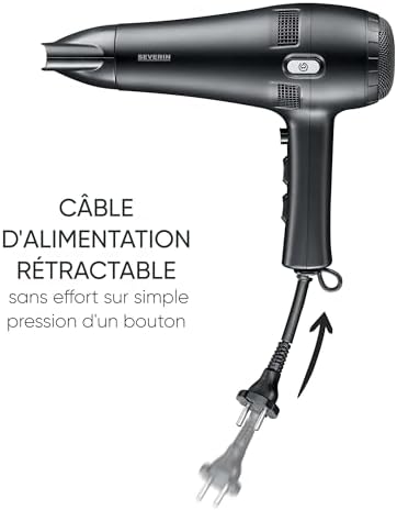 Seche cheveux avec câble rétractable automatique, Sèche cheveux avec diffuseur et concentrateur amovibles, sèche-cheveux puissant 2 100 W, Noir, HT 0165