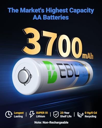 EBL Lithium AA Batteries 12 Pack, Longest Lasting 3700mAh 1.5V Non-Rechargeable, Upgraded Super Ⅲ AA Lithium Batteries for Blink Camera, Doorbell, Smart Lock Deadbolt