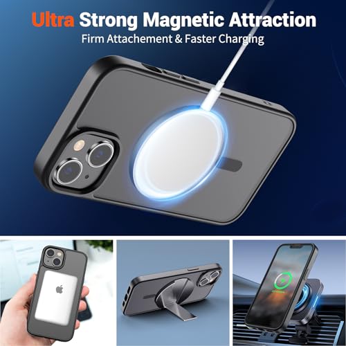 SUPFINE Magnetic for iPhone 14 Case & iPhone 13 Case (Compatible with MagSafe)(Military Grade Drop Protection) Translucent Matte Shockproof Phone Cover,Black