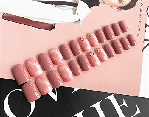 Evazen 24Pcs Nude Pink Texture Glossy False Nails with Pearl Glitter Short Square Nails Full Cover Salon Nails Art Tips for Women - Thumbnail 3