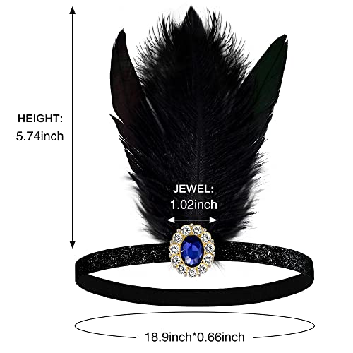 bdzyh Gatsby Head Band for Women Flapper 1920s Hair Accessories, Elastic Roaring 20s Headpiece, Black Hippie Disco 70s Headband with Blue Rhinestone