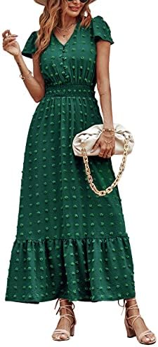 PRETTYGARDEN Women's Boho Swiss Dot Maxi Dress – Short Sleeve V-Neck Smocked Waist Long Dress