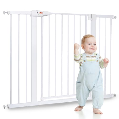 41ob6iNSTHL Laoye Treppenschutzgitter Ohne Bohren, Extra Hoch 92 Cm Höhe, 75-124 Cm Breite, Türgitter Baby Mit 3 Verlängerungen, Für Kinder, Hunde Und Katzen, Auto-Close &Amp; 90° Stopp - Weiße
