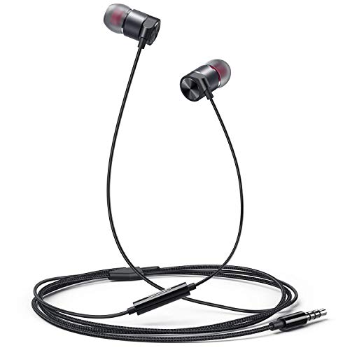 in Ear Headphones Wired Earbud with Line-in Microphone Heavy Bass Dynamic Driver Earphones with Non Tangle Fabric Braid for Running Gym Android Phones Music Player Dark Chrome E56