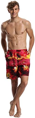 Ferrendo Mens Tropical Beach Print Boardshorts Hawaiian Cotton Swim Trunk, Red XL