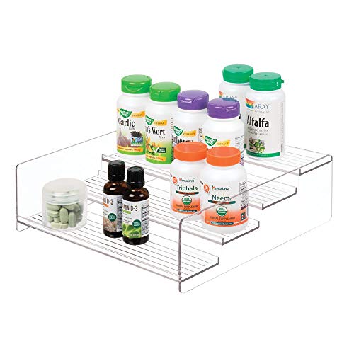 mDesign Plastic Bathroom Storage Organizer Shelf for Cabinet, Vanity, Countertop - Holds Vitamins, Supplements, Medicine Bottles, Essential Oils, Nail Polish, Cosmetics - 4 Levels - Clear