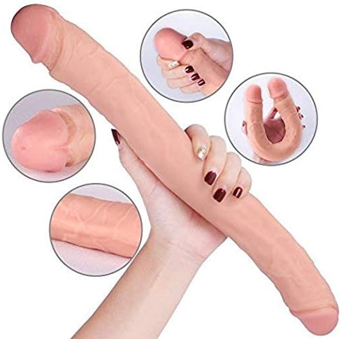 Massager D-ildo Toy for Lesbian, Silicone Double Sided D-i-ldo for Women Waterproof Flexible Double Dong with Curved Shaft for V-aginal G-s-pot and A-nal Play Wand (M)