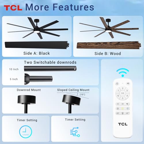 TCL 72 Inch Large Ceiling Fans with Lights and Remote, Quiet Modern Ceiling Fan, 3 CCT Dimmable Remember LED Reversible 8 Dual Side Blades for Living Room Patio Garage Indoor/Outdoor (black, 72)