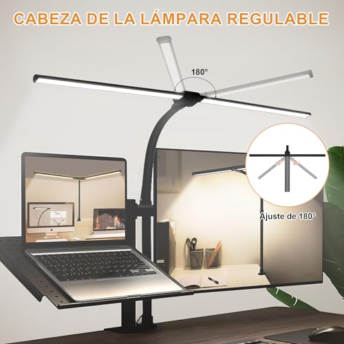 Lámpara Doble de Escritorio LED, Lampara de Escritorio con 3 Modos de Color y 10 Ajustes de Brillo, Lampara de Mesa de Brazo Flexible Ajustable 360° para Leer, Hogar y Oficina (Negro, 50 centímetros)