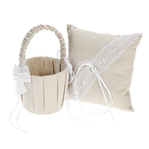 BERTERI 5pcs/Set Vintage Burlap Flower Girl Basket Ring Bearer Pillow Guest Book Pen Holder Bride Garter Wedding Supplies Set with Lace Faux Pearls Design