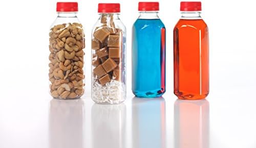 (8) 16 oz. Clear Food Grade Plastic Juice Bottles with Red Tamper Evident Caps 8/pack