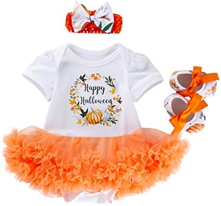3-24 Months Toddler Baby Girls Halloween Pumpkin Print Tulle Tutu Romper Dress+Headband Hairband+Bow Shoes 3 Pcs Sets